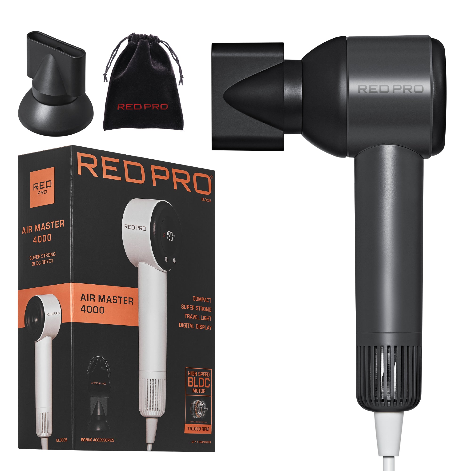 RED PRO Air Master 4000 Compact Hair Dryer - 110,000 RPM High-Speed BLDC Motor, Smart Memory Function, Digital Display & Super Strong Airflow (Includes Travel Pouch & Nozzle)