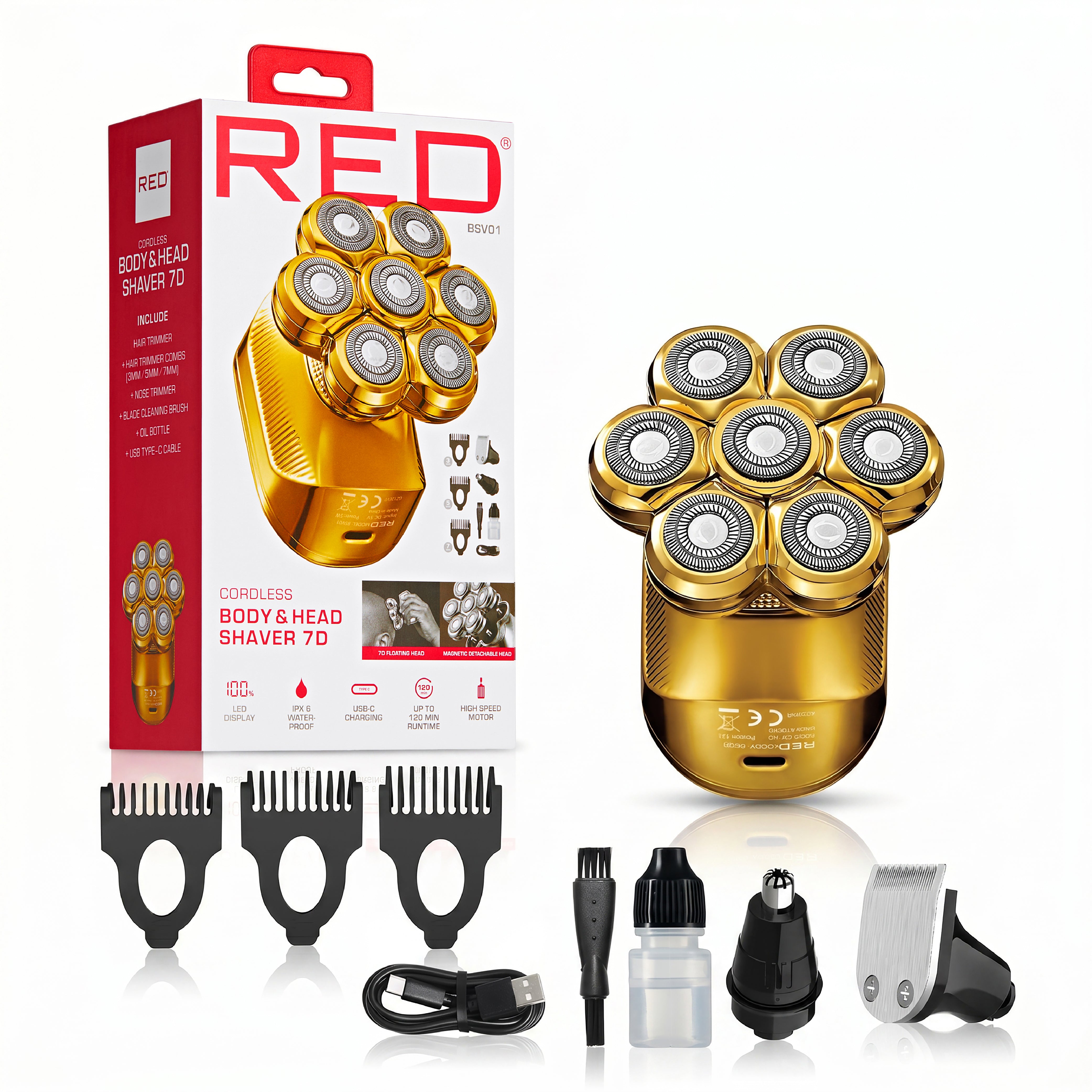 Red by Kiss 7D Cordless Head & Body Shaver for Men - Wet/Dry Electric Razor & Grooming Kit