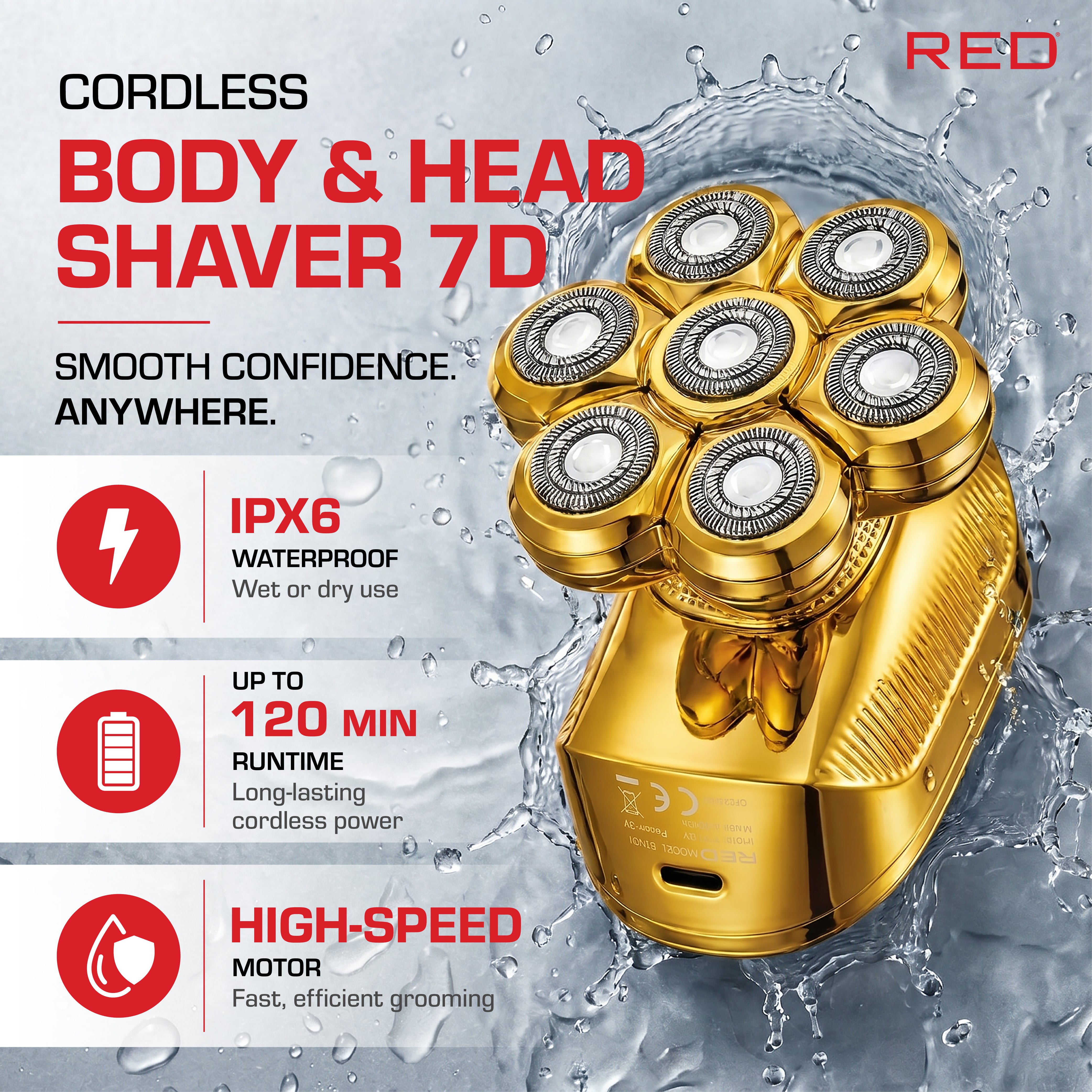 Red by Kiss 7D Cordless Head & Body Shaver for Men - Wet/Dry Electric Razor & Grooming Kit