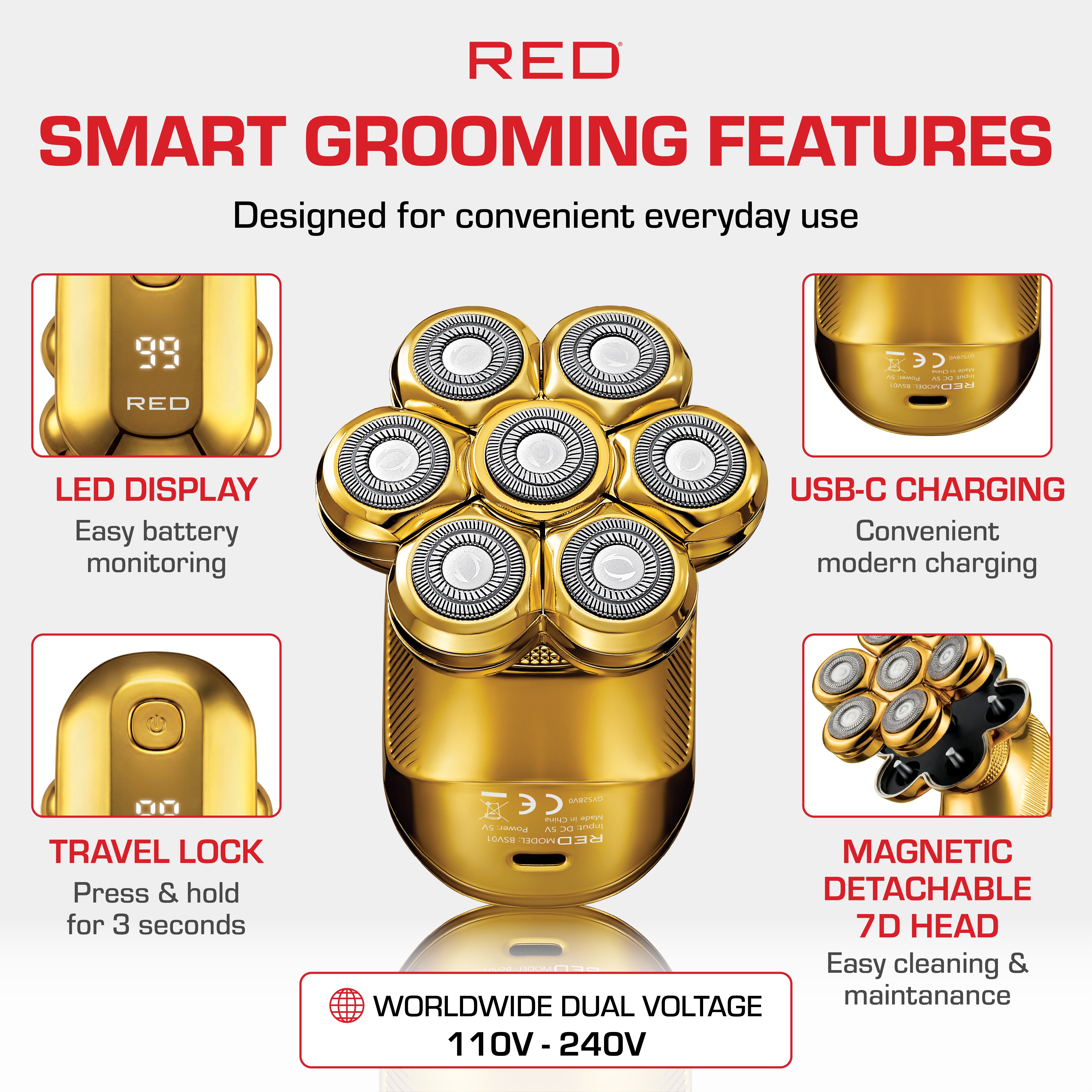 Red by Kiss 7D Cordless Head & Body Shaver for Men - Wet/Dry Electric Razor & Grooming Kit