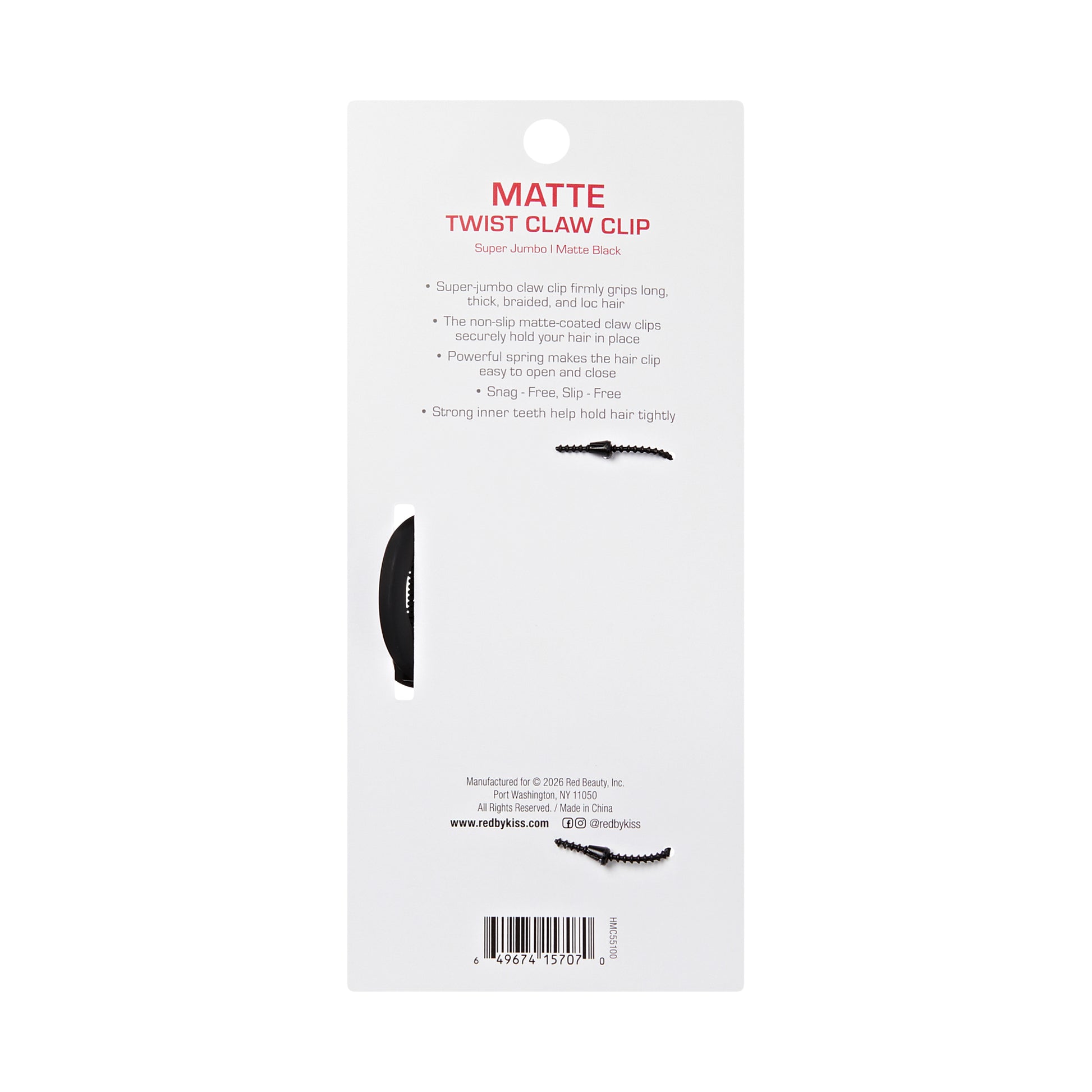 hmc55_extra_006 "Red by Kiss Super Jumbo Matte Hair Claw Clip - Snag-Free Grip for Thick & Long Hair, package back."