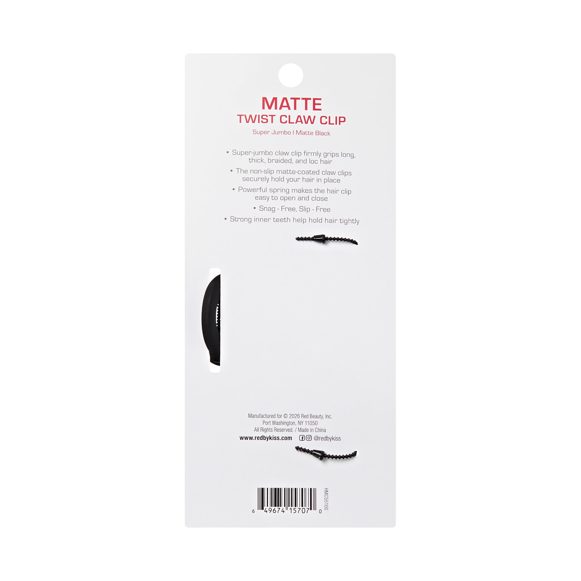 hmc55_extra_006 "Red by Kiss Super Jumbo Matte Hair Claw Clip - Snag-Free Grip for Thick & Long Hair, package back."