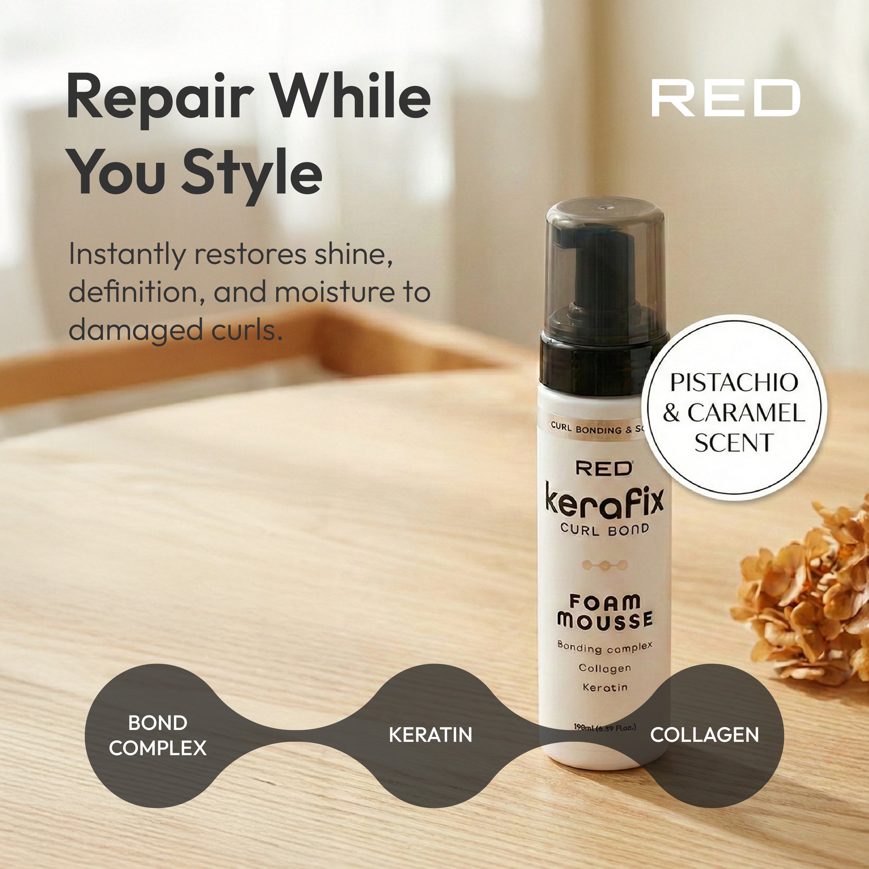 scb01_extra_002 "RED by Kiss Kerafix Curl Bond Collection - Anti-Frizz Bond Repair Hair Styling & Essential Prep for All Curl Types (2A-4C), with Keratin & Coconut Oil product view."