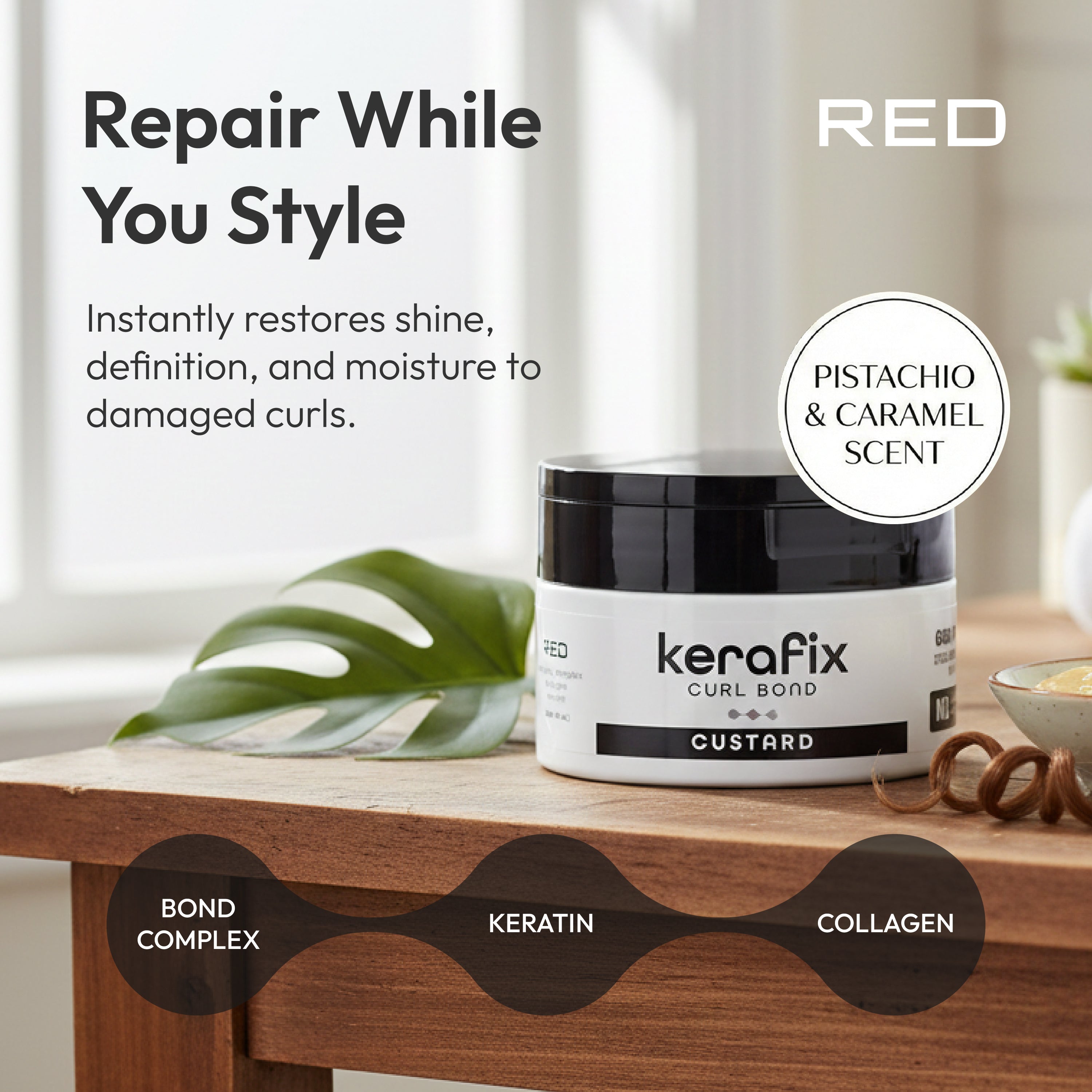 scb02_extra_002 "RED by Kiss Kerafix Curl Bond Collection - Anti-Frizz Bond Repair Hair Styling & Essential Prep for All Curl Types (2A-4C), with Keratin & Coconut Oil product view."