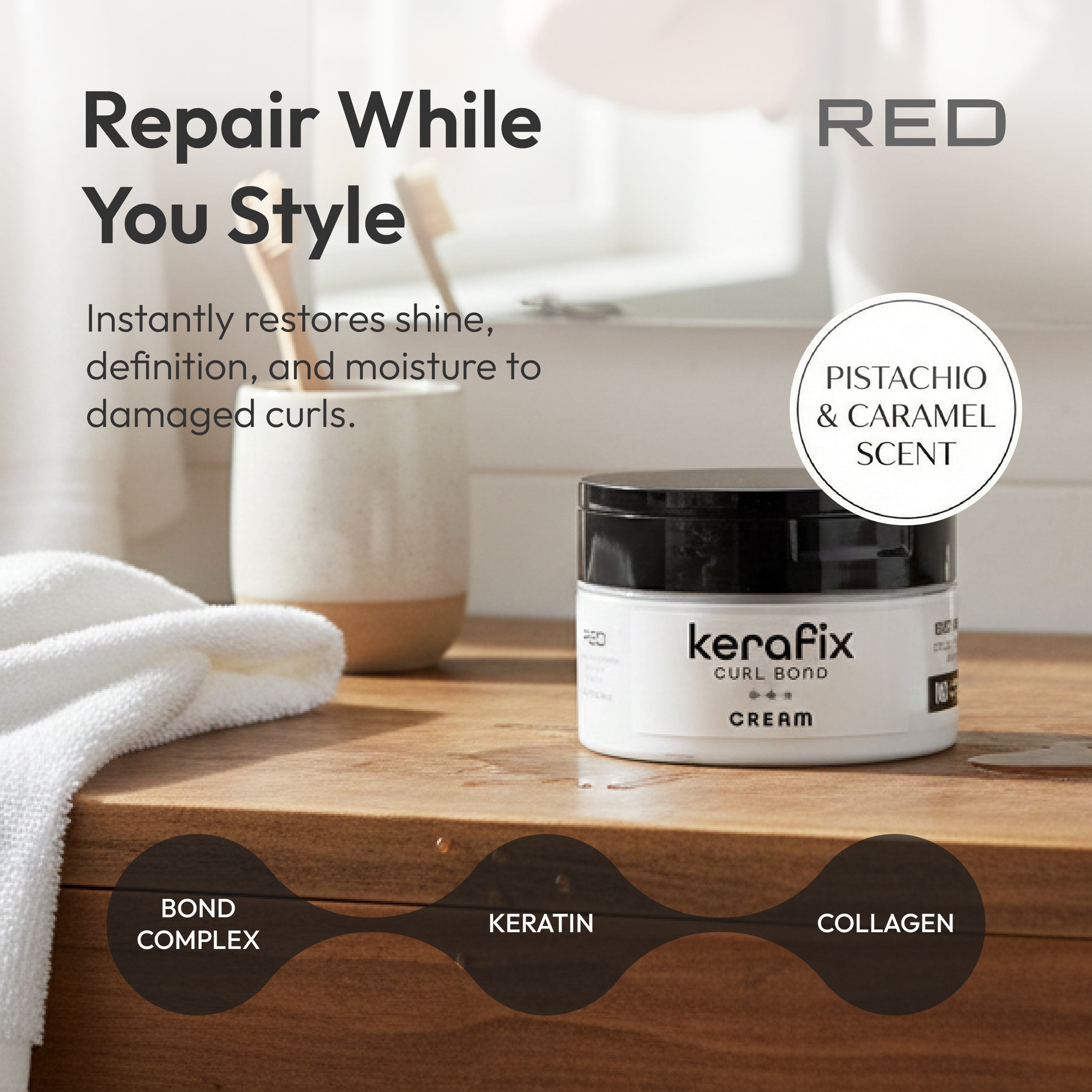 scb03_extra_002 "RED by Kiss Kerafix Curl Bond Collection - Anti-Frizz Bond Repair Hair Styling & Essential Prep for All Curl Types (2A-4C), with Keratin & Coconut Oil product view."