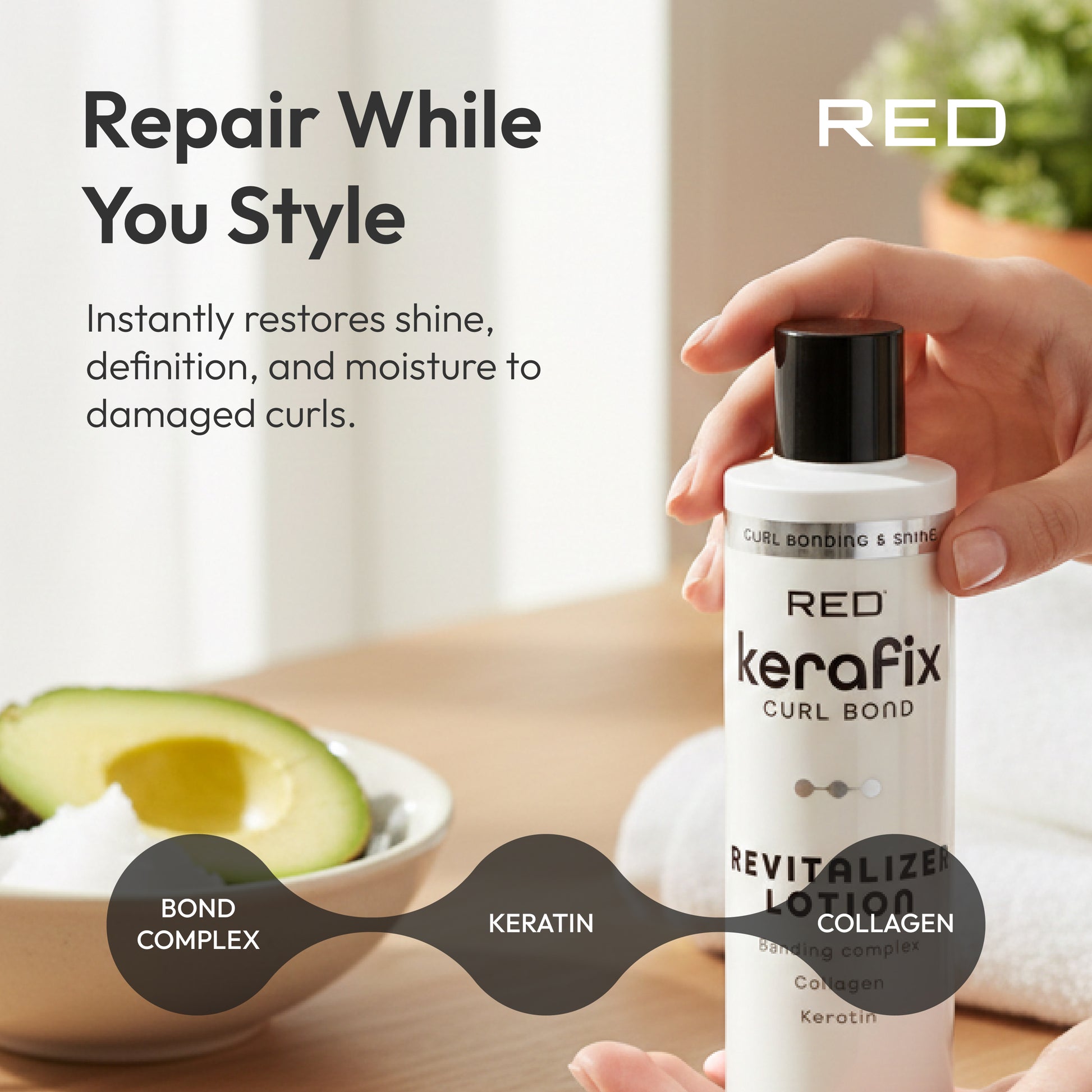 scb04_extra_002 "RED by Kiss Kerafix Curl Bond Collection - Anti-Frizz Bond Repair Hair Styling & Essential Prep for All Curl Types (2A-4C), with Keratin & Coconut Oil product view."