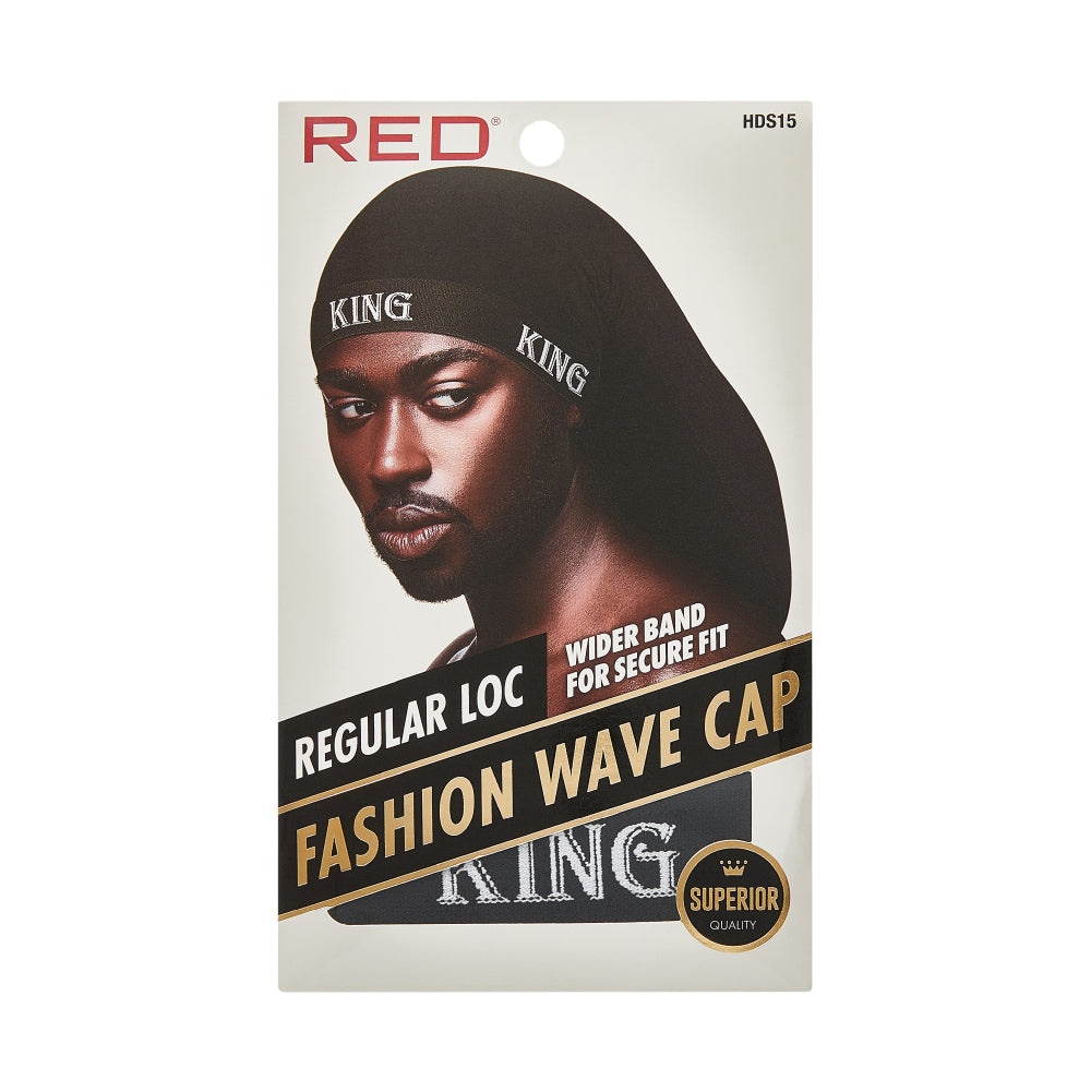 hds15_extra_006 RED by Kiss Fashion Stocking Loc Cap & Wave Cap - Ultimate Power Stretch, Stylish 'KING' Band, Perfect for Locs, Braids & Long Hair, package front.
