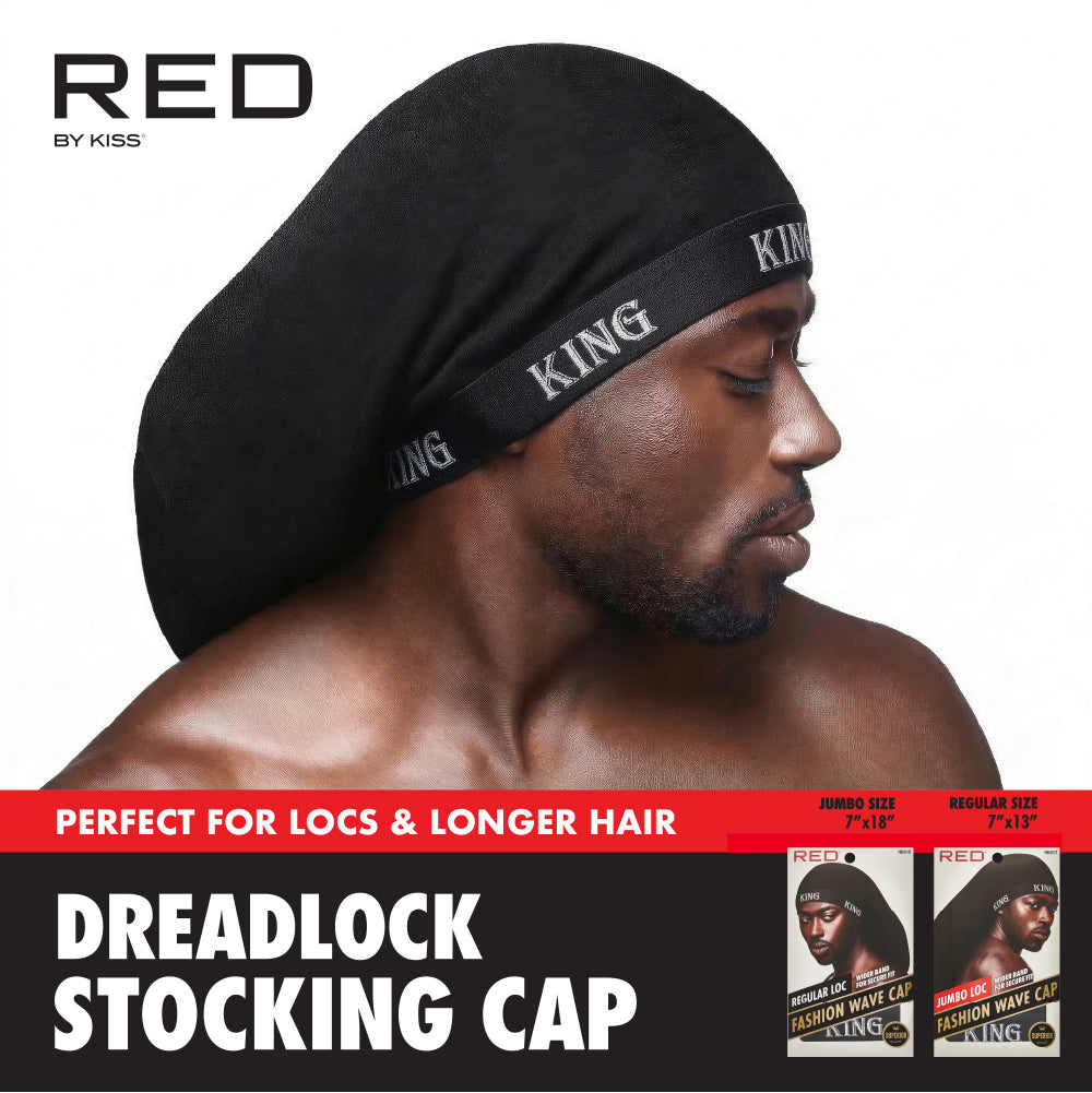 hds15_extra_005 RED by Kiss Fashion Stocking Loc Cap & Wave Cap - Ultimate Power Stretch, Stylish 'KING' Band, Perfect for Locs, Braids & Long Hair product view.