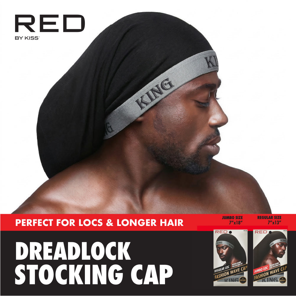 hds16_extra_005 RED by Kiss Fashion Stocking Loc Cap & Wave Cap - Ultimate Power Stretch, Stylish 'KING' Band, Perfect for Locs, Braids & Long Hair product view.