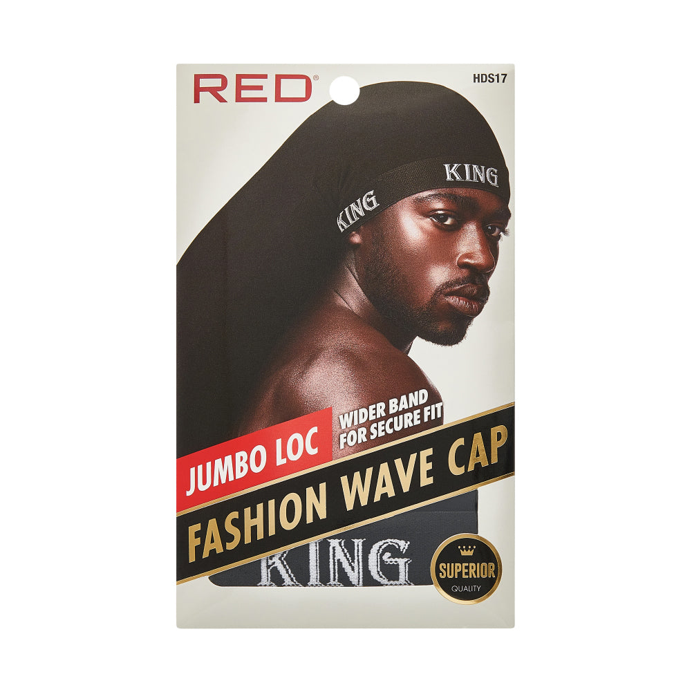 hds17_extra_006 RED by Kiss Fashion Stocking Loc Cap & Wave Cap - Ultimate Power Stretch, Stylish 'KING' Band, Perfect for Locs, Braids & Long Hair, package front.