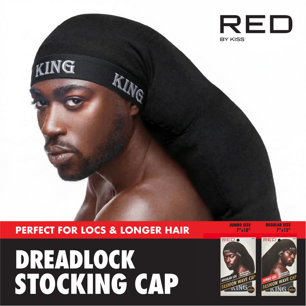 hds17_extra_005 RED by Kiss Fashion Stocking Loc Cap & Wave Cap - Ultimate Power Stretch, Stylish 'KING' Band, Perfect for Locs, Braids & Long Hair product view.