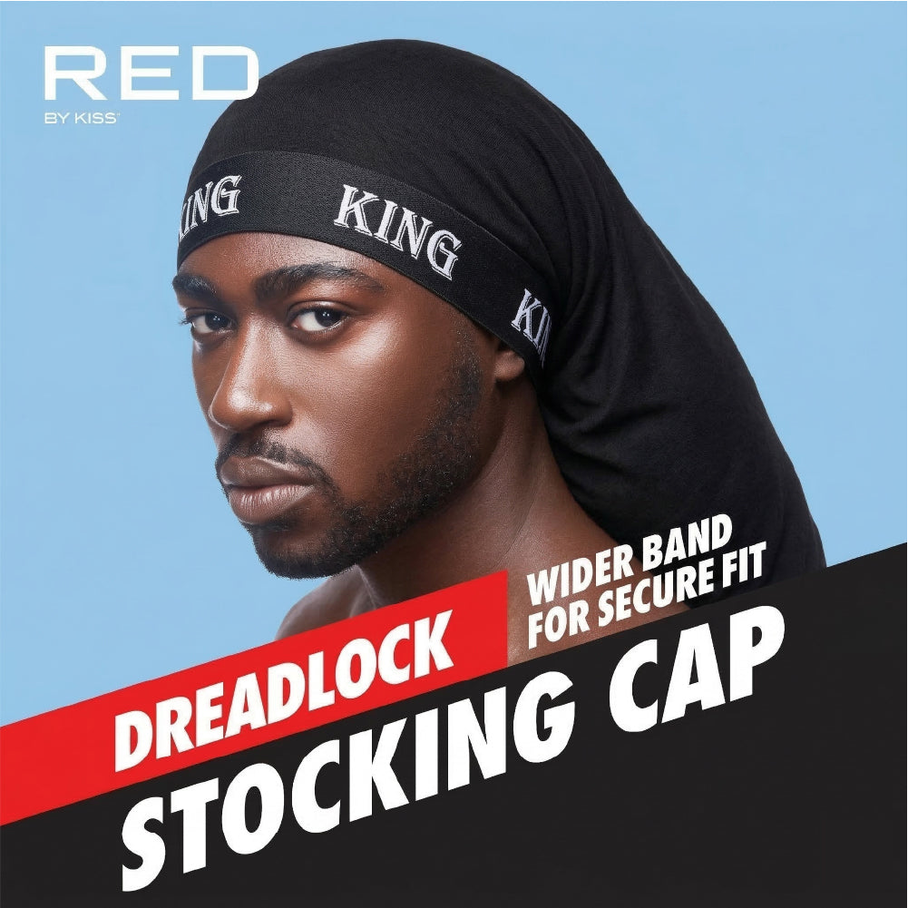 hds17_extra_001 RED by Kiss Fashion Stocking Loc Cap & Wave Cap - Ultimate Power Stretch, Stylish 'KING' Band, Perfect for Locs, Braids & Long Hair product view.