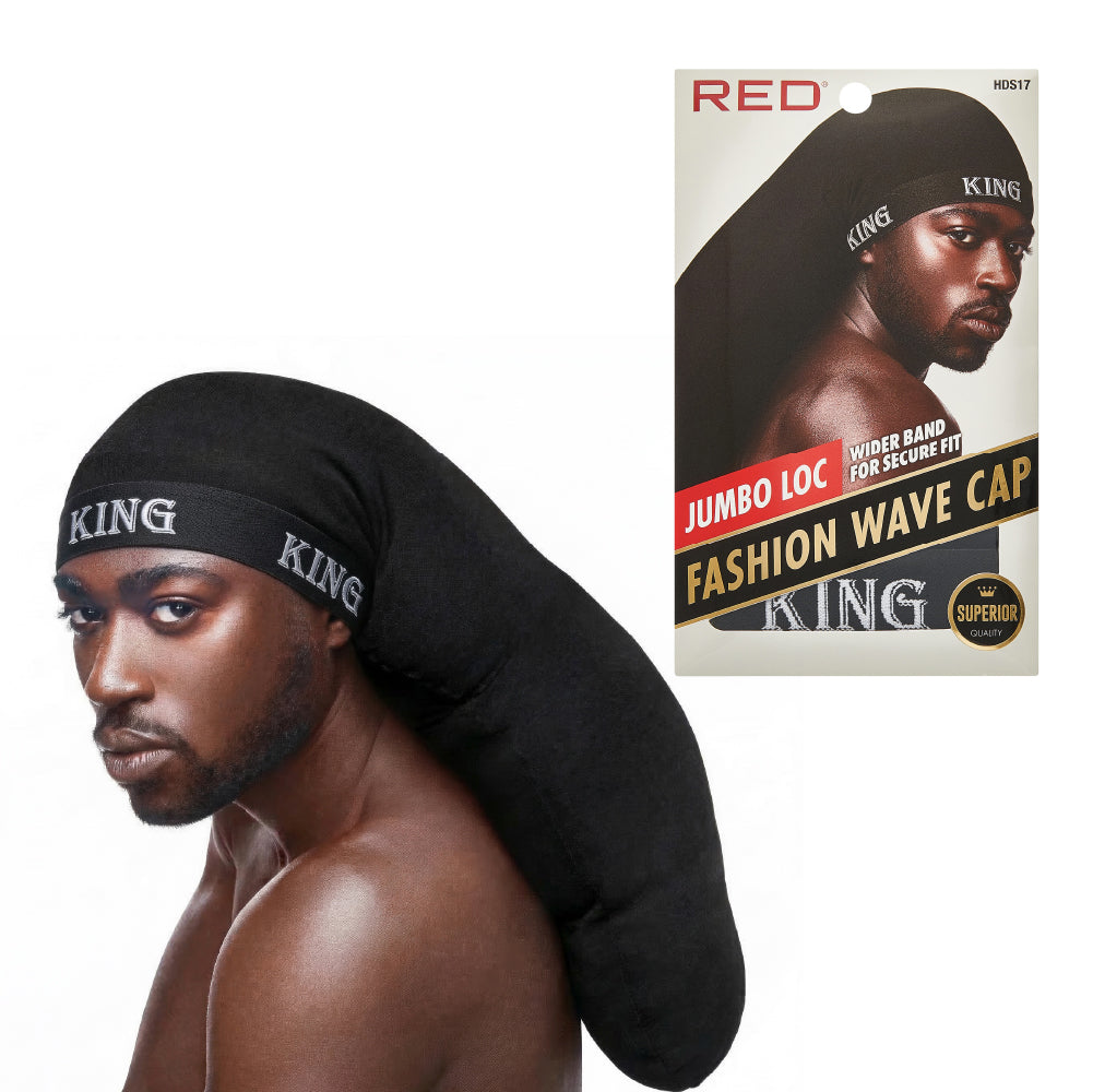 hds17_main RED by Kiss Fashion Stocking Loc Cap & Wave Cap - Ultimate Power Stretch, Stylish 'KING' Band, Perfect for Locs, Braids & Long Hair in Jumbo / Black, main product view.