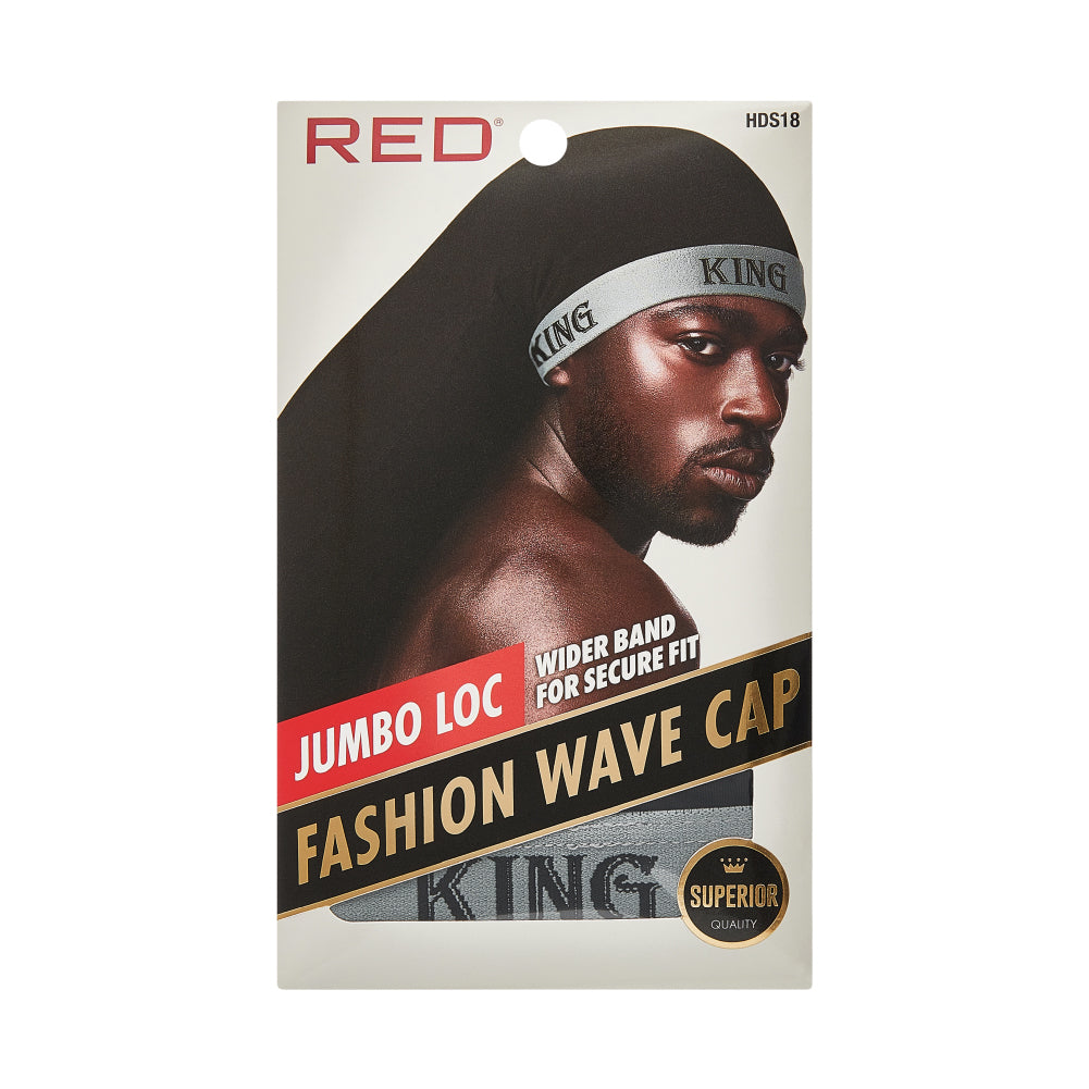 hds18_extra_006 RED by Kiss Fashion Stocking Loc Cap & Wave Cap - Ultimate Power Stretch, Stylish 'KING' Band, Perfect for Locs, Braids & Long Hair, package front.