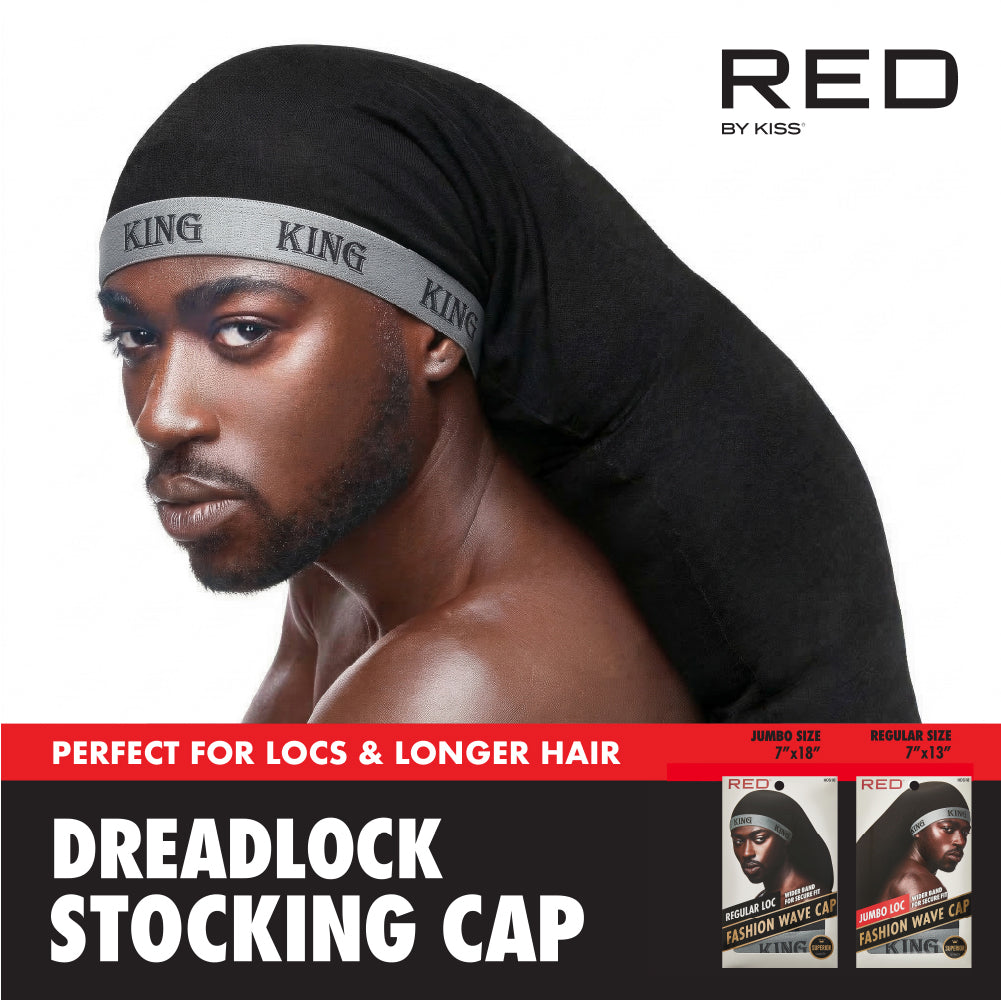 hds18_extra_005 RED by Kiss Fashion Stocking Loc Cap & Wave Cap - Ultimate Power Stretch, Stylish 'KING' Band, Perfect for Locs, Braids & Long Hair product view.