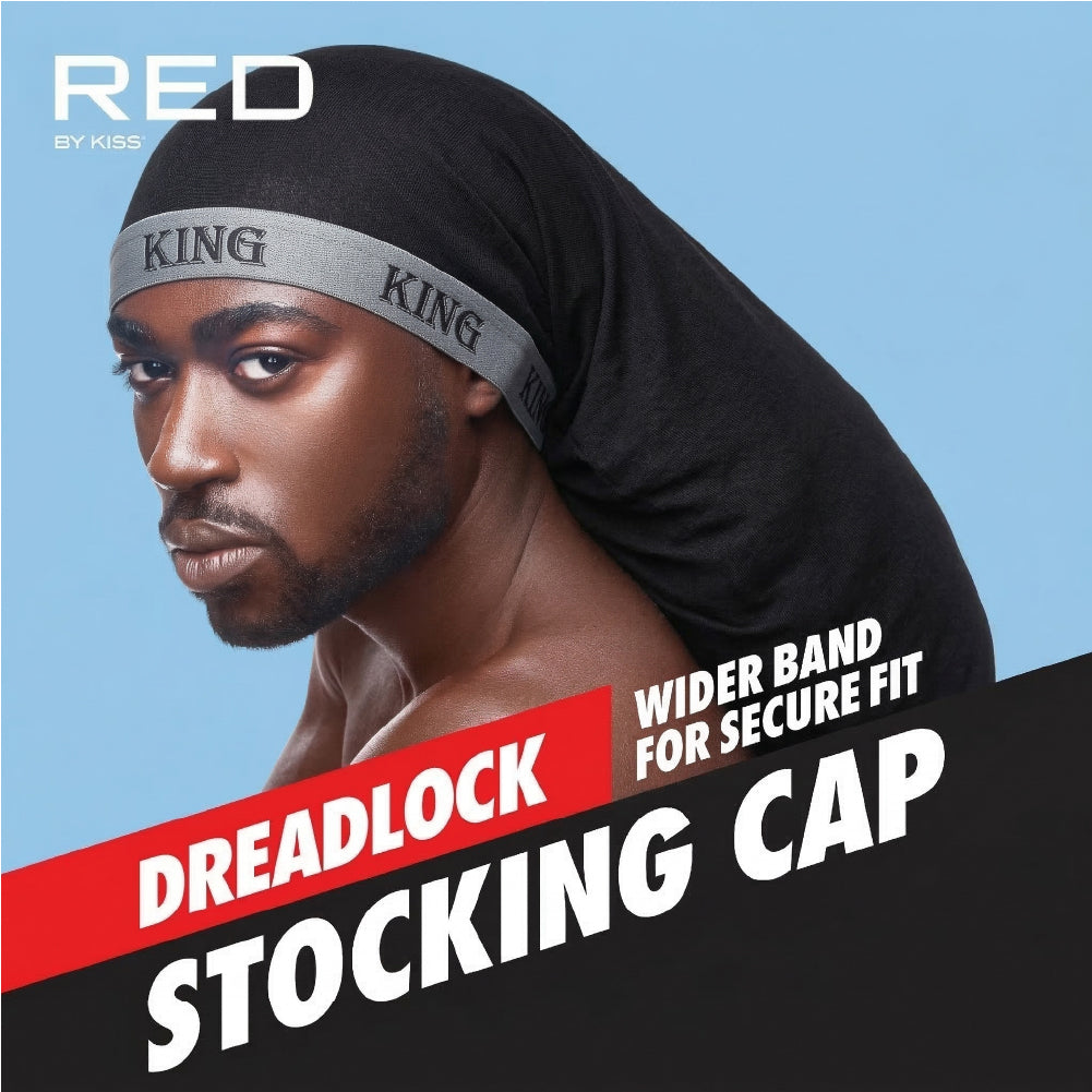 hds18_extra_001 RED by Kiss Fashion Stocking Loc Cap & Wave Cap - Ultimate Power Stretch, Stylish 'KING' Band, Perfect for Locs, Braids & Long Hair product view.