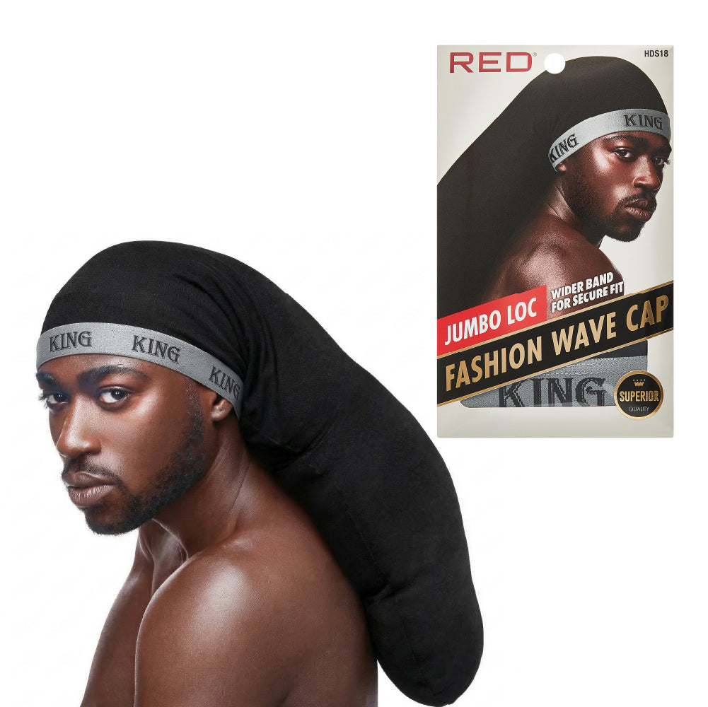 hds18_main RED by Kiss Fashion Stocking Loc Cap & Wave Cap - Ultimate Power Stretch, Stylish 'KING' Band, Perfect for Locs, Braids & Long Hair in Jumbo / Grey, main product view.