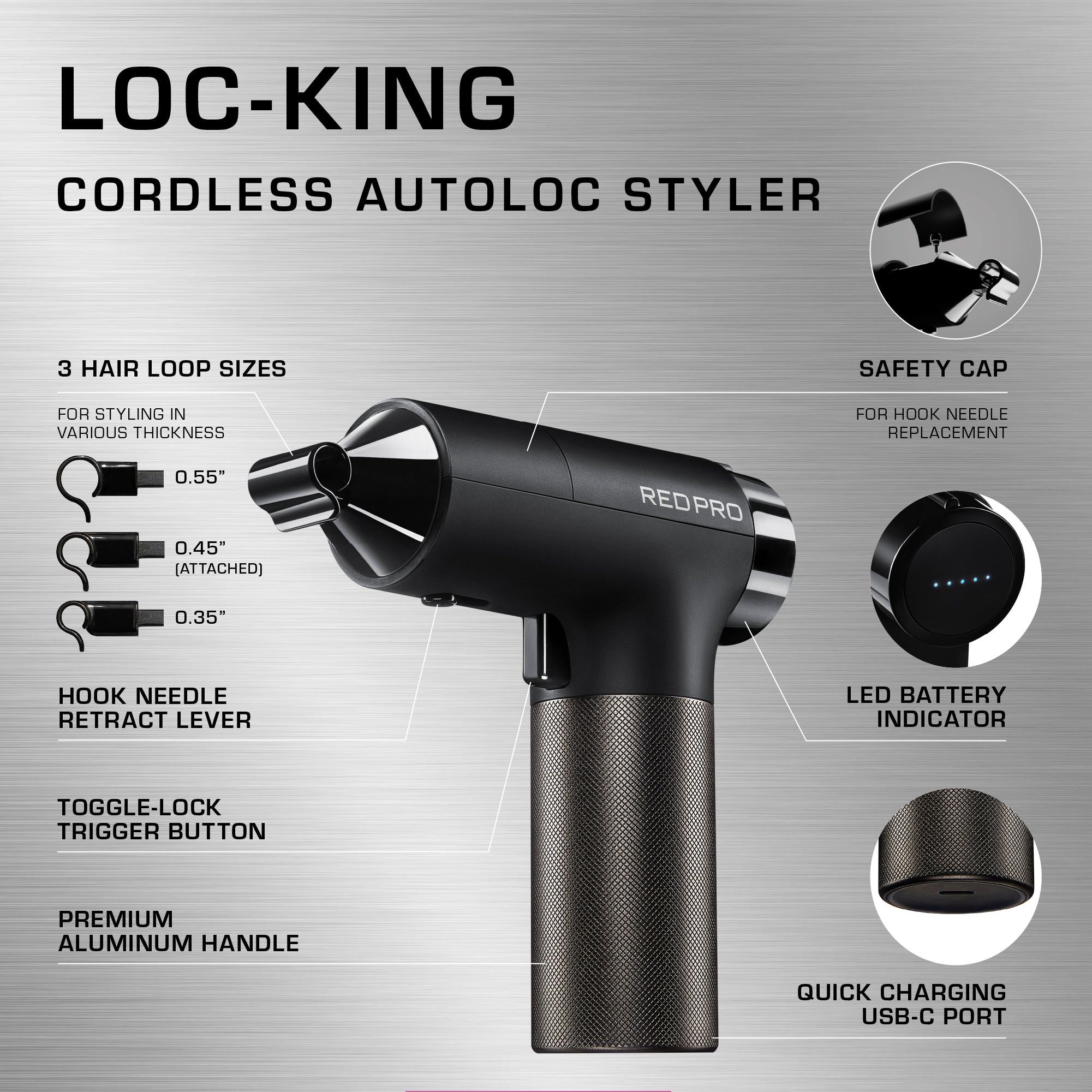 Red PRO LOC-KING Cordless Auto Loc Styler - Internationally PATENTED, World’s First & Fastest